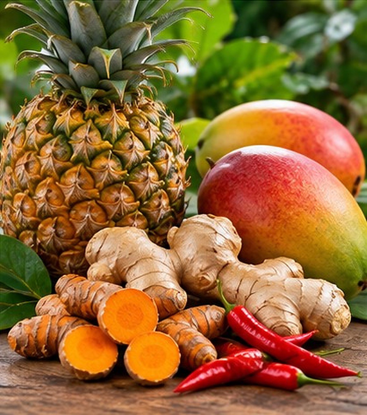 Ginger turmeric pineapple and tropical produce